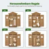 A collage of four different configurations of a wooden garden shed interior, showcasing various shelving arrangements for tools and garden equipment. Produktbild-Vorschau