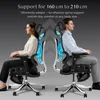 Two people sitting in ergonomic chairs, with blue graphics highlighting spinal support. Produktbild-Vorschau