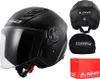 A collage of a black LS2 jet helmet, its back view, a helmet bag, and a red LS2 box. Voir les images du produit
