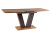 A modern dining table with a wooden top and a dark gray insert, supported by two angled legs on a wooden base. Produktbild-Vorschau