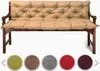 A bench cushion on a wooden bench, with color swatches below. Produktbild-Vorschau