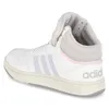A side view of a white Adidas high-top sneaker with light purple stripes and pink accents. Podgląd zdjęcia produktu