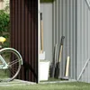 Garden tools are stored inside a brown and gray shed. Produktbild-Vorschau