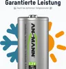 A close-up of a battery with graphics representing cold and hot temperatures, and text highlighting guaranteed performance. Produktbild-Vorschau