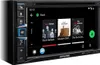 A close-up, front-facing view of an Alpine INE-W611D car stereo system, displaying its touchscreen interface with music playback options. Produktbild-Vorschau