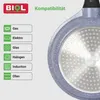 A close-up of the bottom of a frying pan with compatibility icons and text on the left side. Produktbild-Vorschau