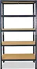 A front view of a metal shelving unit with wooden shelves against a white background. Produktbild-Vorschau