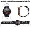 Product specifications and parameters for a smartwatch, showing different views and dimensions. Produktbild-Vorschau