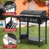 A black gas grill is shown outdoors with various features highlighted by inset images and text. Produktbild-Vorschau