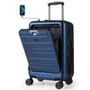 A blue suitcase with its front panel open, showing the interior and charging ports. A smartphone is connected to the suitcase via a cable. Náhľad obrázku produktu