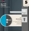 A marketing image showcasing a white door handle set with descriptive text and a warranty badge. Produktbild-Vorschau