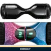 A split image showing two hoverboards. The top half shows a black hoverboard from a side view. The bottom half shows the front of two hoverboards, one with a pink and purple pattern and the other with a blue pattern, each with illuminated displays. Produktbild-Vorschau