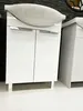 A white bathroom cabinet with a sink on top, shown from the front. Produktbild-Vorschau