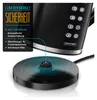 Close-up of a black electric kettle base and the bottom part of the kettle itself, with glowing buttons and marketing text highlighting safety features. Produktbild-Vorschau
