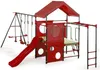 A red metal playground set with swings, a slide, and a monkey bar, shown against a white background. Produktbild-Vorschau