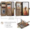 A brown leather wallet phone case is shown open, displaying its card and cash slots, with a phone inserted. Another smaller image shows the wallet closed with cash and coins. Produktbild-Vorschau