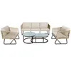 A beige outdoor furniture set including a sofa, two armchairs, and two nesting coffee tables with light blue glass tops, all set against a white background. Náhľad obrázku produktu