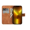A brown flip case for a smartphone, open to reveal card slots and cash, with the smartphone screen displaying a yellow abstract wallpaper. Produktbild-Vorschau