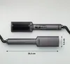 A gray hair straightening brush and its handle are shown side-by-side on a white background, with dimensions indicated. Produktbild-Vorschau