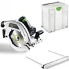 A Festool hand circular saw, a storage case, and a metal guide are displayed against a white background. Podgląd zdjęcia produktu