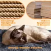 A Siamese cat is resting on a dark gray plush surface, with close-up images of rope and wood panels at the top, and descriptive text overlaying the image. Podgląd zdjęcia produktu