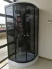 A modern shower cabin with black glass doors and a white base, displayed indoors. Podgląd zdjęcia produktu