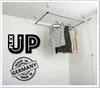 A ceiling-mounted clothes drying rack with clothes hanging on it, set against a white wall. Voir les images du produit