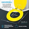 A yellow toilet seat and lid are shown with dimensions and feature callouts. Produktbild-Vorschau
