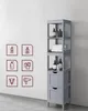 A tall, narrow gray bathroom cabinet with multiple shelves and drawers against a white and light gray background. Six red line-art icons depicting bathroom items are displayed on the left side of the wall. Náhled obrázku produktu