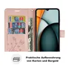 A pink flip phone case with card slots and a phone inserted, along with a dollar bill. Text below describes storage. Produktbild-Vorschau