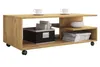 A wooden coffee table with shelves and wheels, displayed on a white background. Podgląd zdjęcia produktu