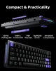 A marketing image showcasing a compact keyboard with its features highlighted. Produktbild-Vorschau