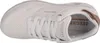 A top-down view of a white Skechers sneaker with rose gold accents. Voir les images du produit