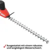 A close-up, angled view of a red and black electric hedge trimmer with a long silver blade, set against a white background. A red checkmark and German text are visible in the bottom left corner. Produktbild-Vorschau
