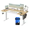 An adjustable standing desk setup with multiple monitors, a laptop, and office accessories. Produktbild-Vorschau