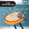 An illustration showing an air filter with leaves and arrows indicating air flow, along with a magnifying glass showing small particles. The text indicates it filters particles and dust. Produktbild-Vorschau