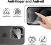 A collage showing a hand touching a phone screen protector, a close-up of a phone's camera lenses with a protector, and icons representing product features. Anteprima dell’immagine prodotto