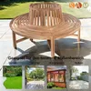 A circular wooden bench with a backrest is shown outdoors on a paved patio, with smaller inset images showing different garden and conservatory settings. Produktbild-Vorschau