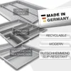 Multiple drawer organizers are shown, with text overlays highlighting features and origin. Produktbild-Vorschau