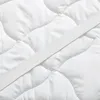 A close-up view of a white quilted mattress topper with an elastic band running diagonally across it. Anteprima dell’immagine prodotto
