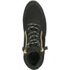 A top-down view of a black leather boot with gold zippers and black and gold laces. Produktbild-Vorschau