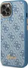A close-up, angled view of a blue smartphone case with a repeating Guess logo pattern and a gold Guess logo emblem. Produktbild-Vorschau