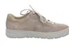 A side view of a beige women's sneaker with a gold heel accent. Produktbild-Vorschau