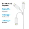 A white charging cable with Lightning connectors is shown against a white background, with text highlighting its durability and testing metrics. Produktbild-Vorschau