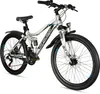 A studio shot of a silver and black children's mountain bike with blue accents, presented on a white background. Produktbild-Vorschau