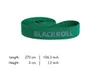 A rolled-up green resistance band with the brand name printed on it, shown on a white background with dimensions listed below. Produktbild-Vorschau