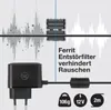A power adapter with a ferrite filter is shown, with sound wave graphics illustrating noise reduction. Anteprima dell’immagine prodotto