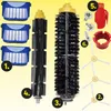 A collection of vacuum cleaner replacement parts, including filters, brushes, and side brushes, arranged against a yellow background. Voir les images du produit