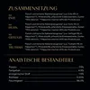 A dark background with text detailing the composition and analytical components of a pet food product. Produktbild-Vorschau