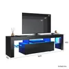 A black TV stand with blue LED lighting, displaying dimensions and TV sizes it can accommodate. Anteprima dell’immagine prodotto